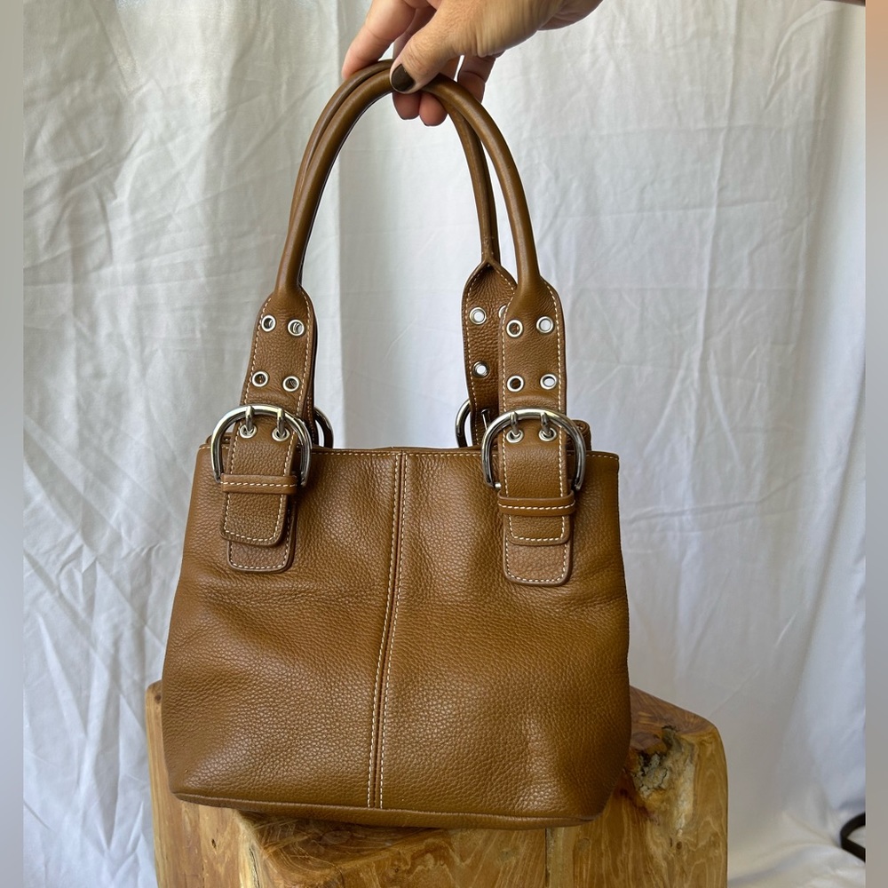 Brown Pebbled Leather Two Strap Handbag with Silver Hardware